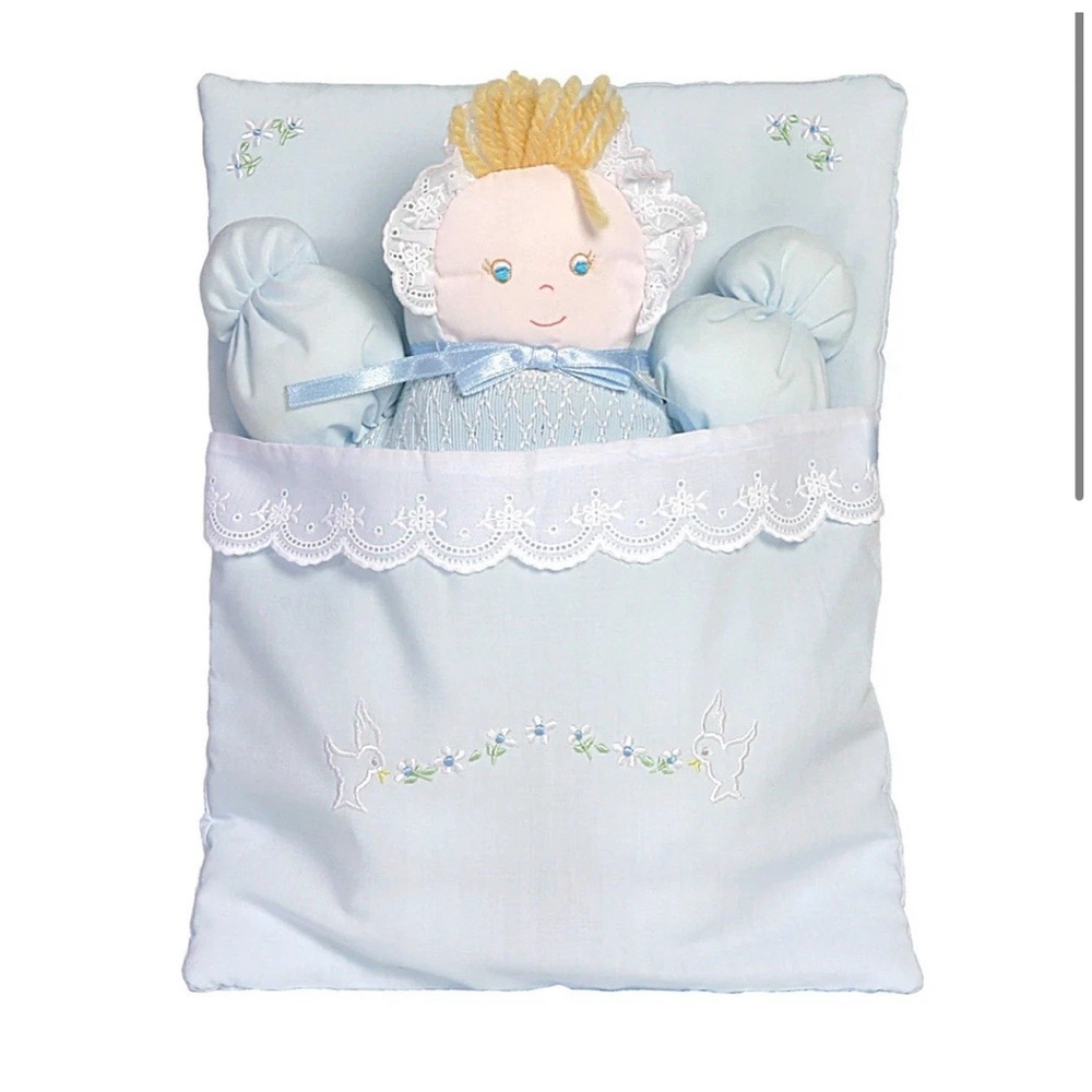 Soft Doll Blue Bunting Embroidered Flower Design Rosalina Baby New Vintage 90’s